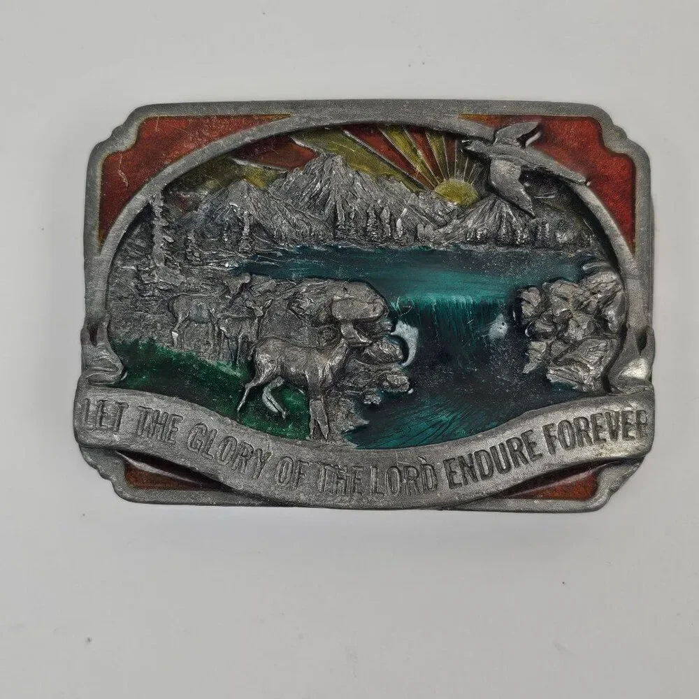 Siskiyou Belt Buckle‎ Religious Enamel Wilderness Outdoor Scene 80s Pewter Vtg
